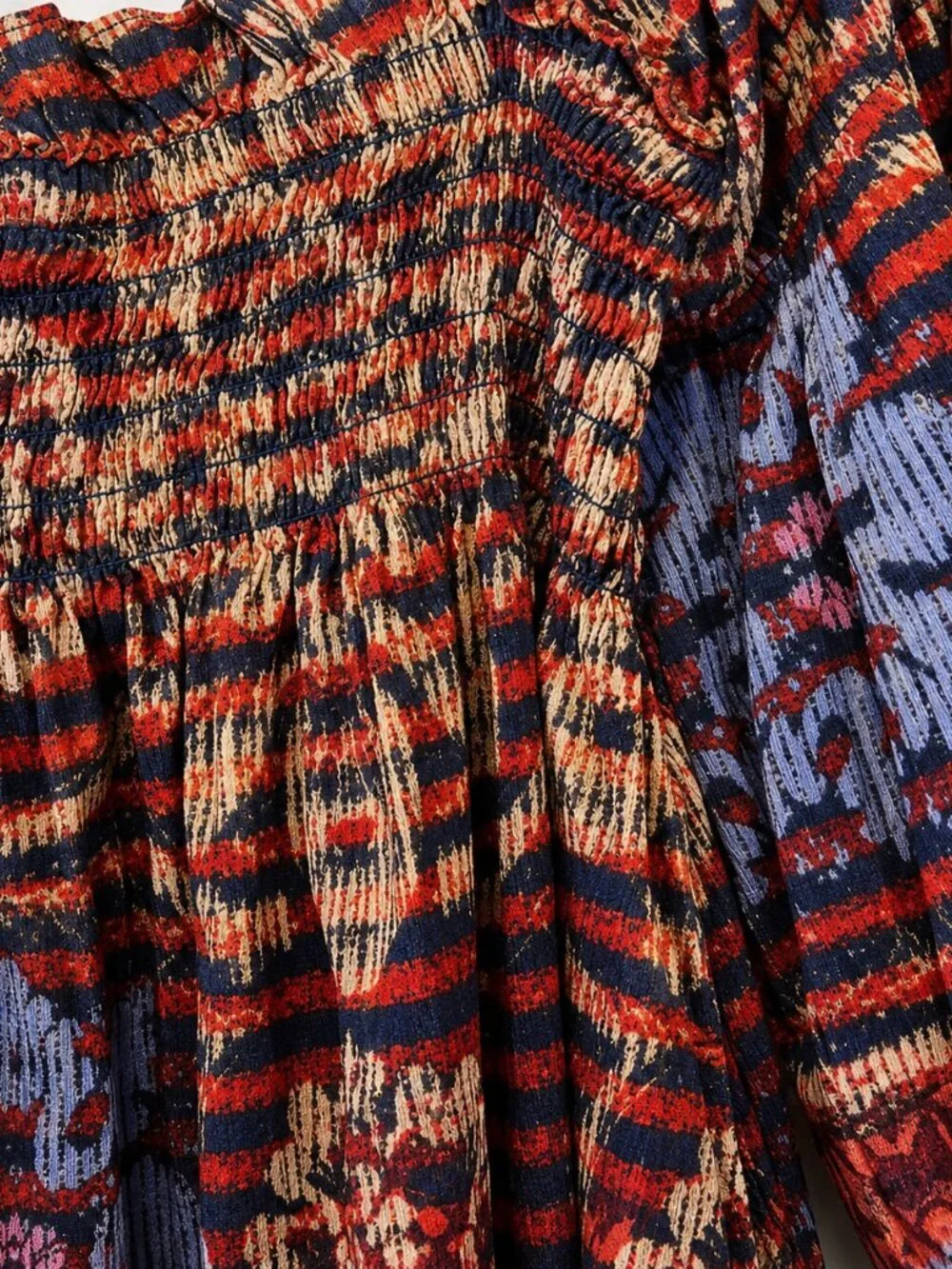 Free People Clara Corduroy Mini Dress XS Red Blue Floral Smocked Babydoll Boho